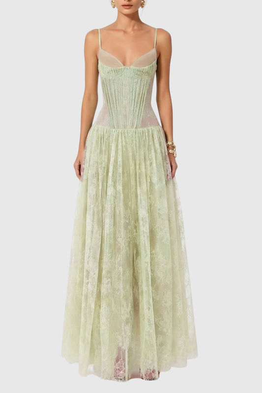 Jurin Lace Pleated Maxi Dress - Green