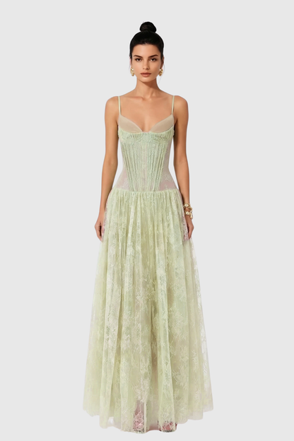 Jurin Lace Pleated Maxi Dress - Green