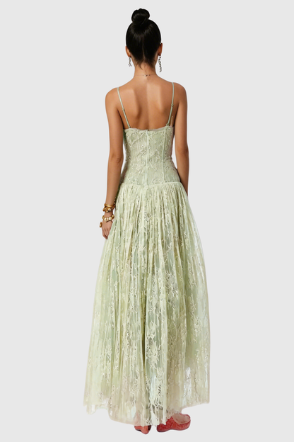 Jurin Lace Pleated Maxi Dress - Green