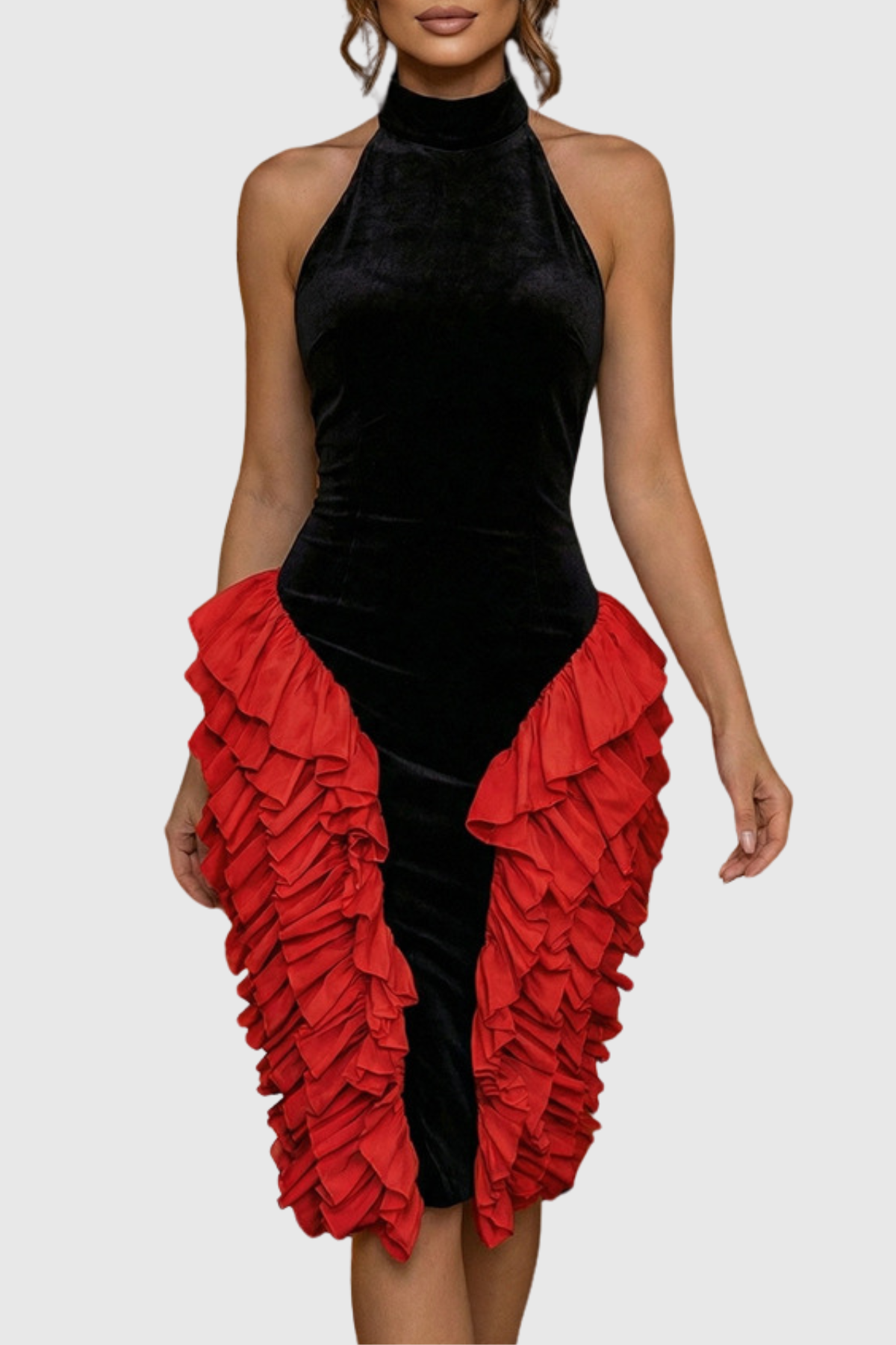 Kacea Halter Velvet Ruffle Midi Dress - Red