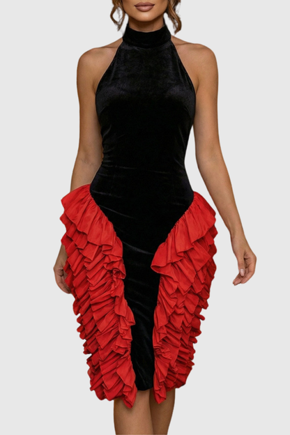 Kacea Halter Velvet Ruffle Midi Dress - Red