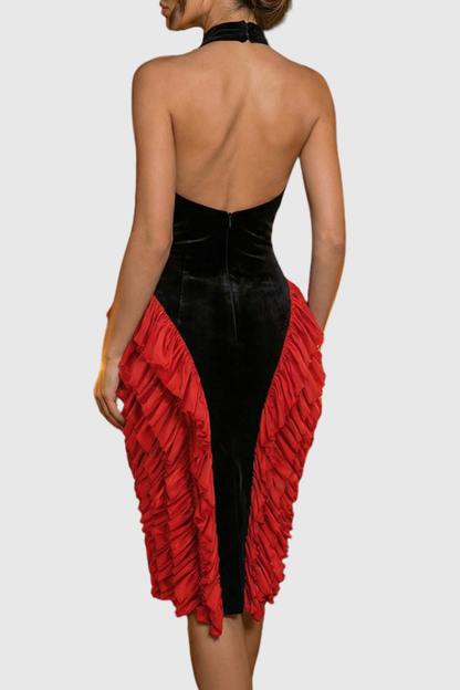 Kacea Halter Velvet Ruffle Midi Dress - Red