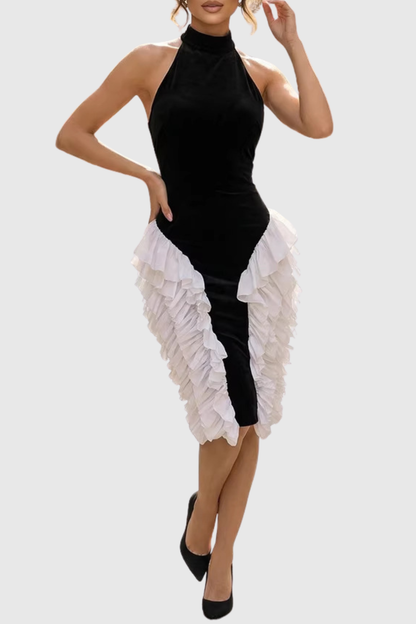 Kacea Halter Velvet Ruffle Midi Dress - White