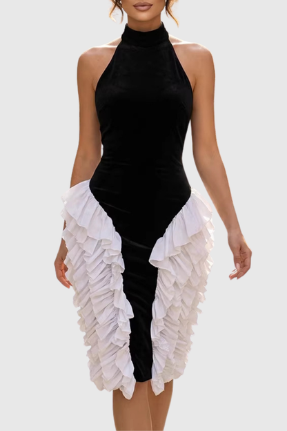 Kacea Halter Velvet Ruffle Midi Dress - White