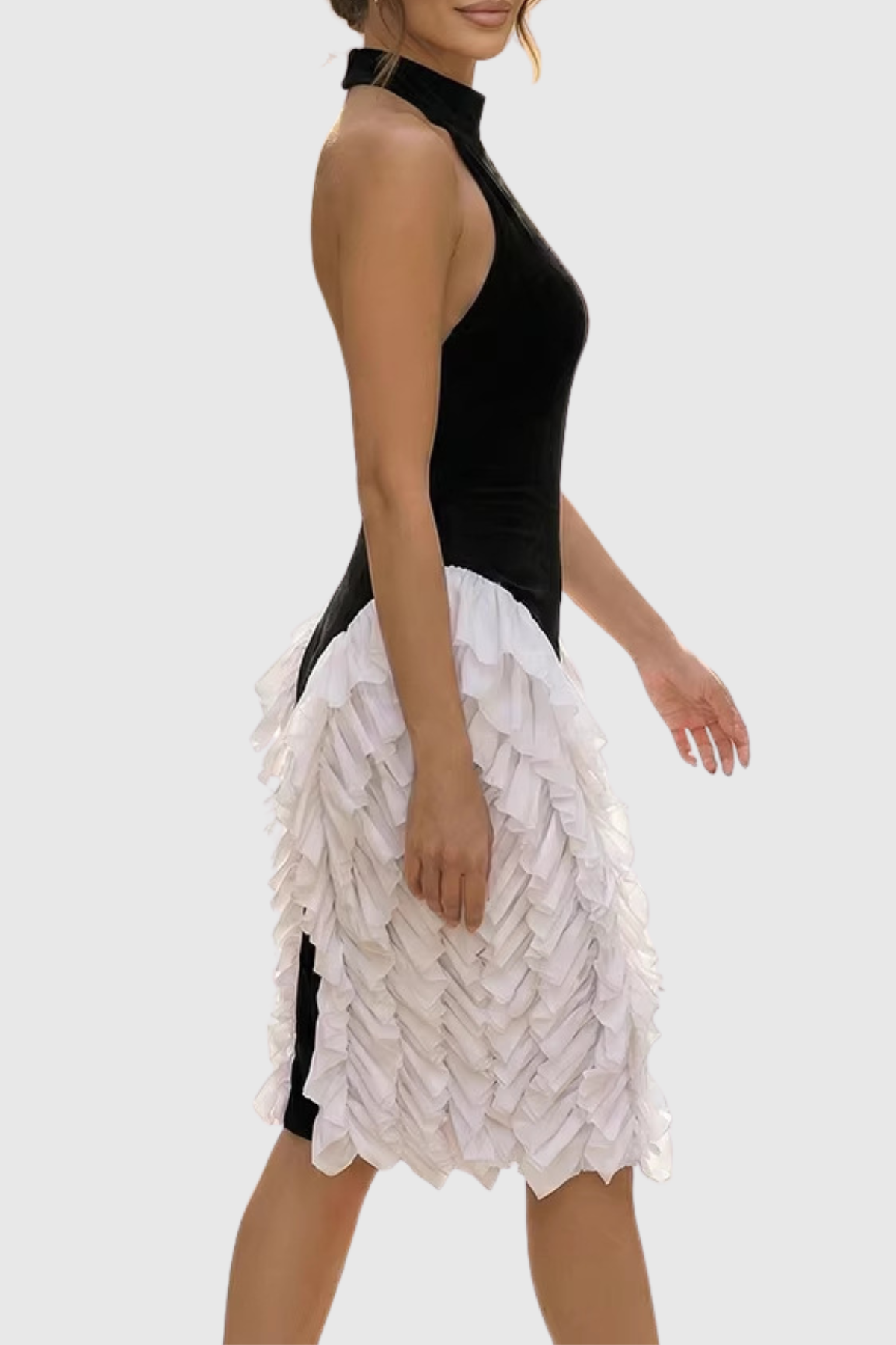 Kacea Halter Velvet Ruffle Midi Dress - White