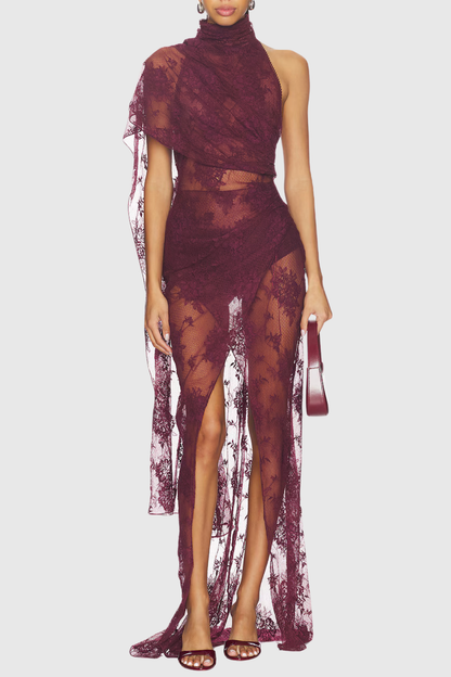 Kadena Asymmetric Lace Draped Maxi Dress