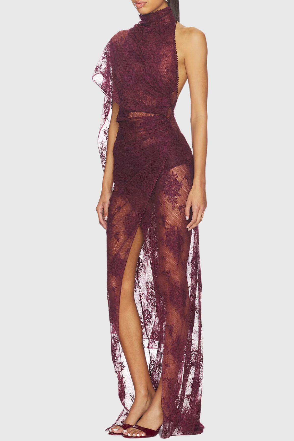 Kadena Asymmetric Lace Draped Maxi Dress