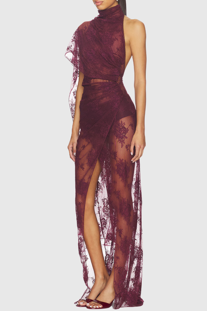 Kadena Asymmetric Lace Draped Maxi Dress