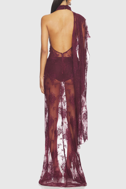 Kadena Asymmetric Lace Draped Maxi Dress