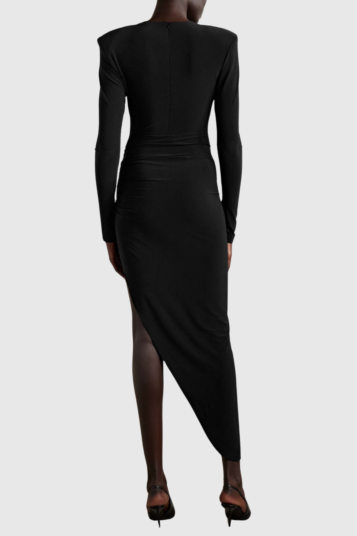 Kaede Asymmetric Pad Shoulder Midi Dress - Black