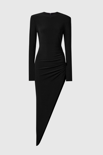 Kaede Asymmetric Pad Shoulder Midi Dress - Black