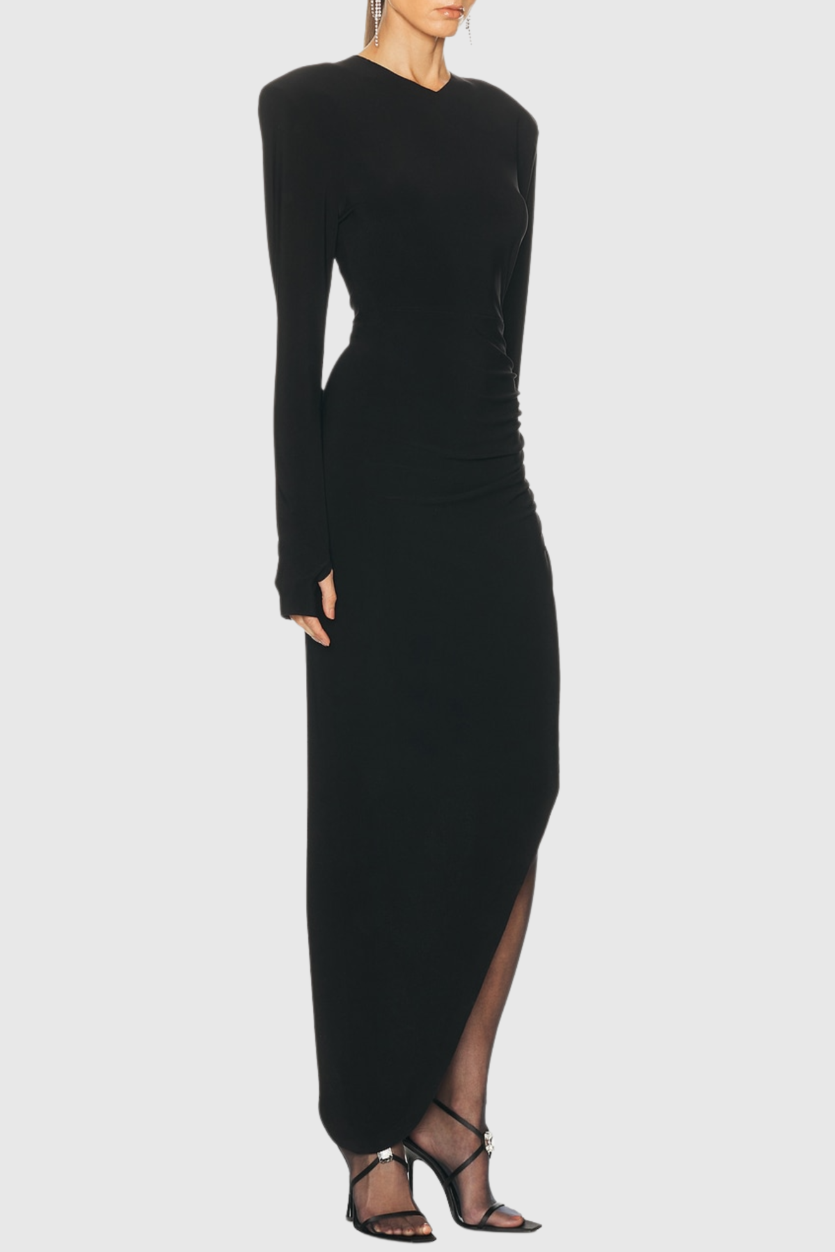 Kaede Asymmetric Pad Shoulder Midi Dress - Black