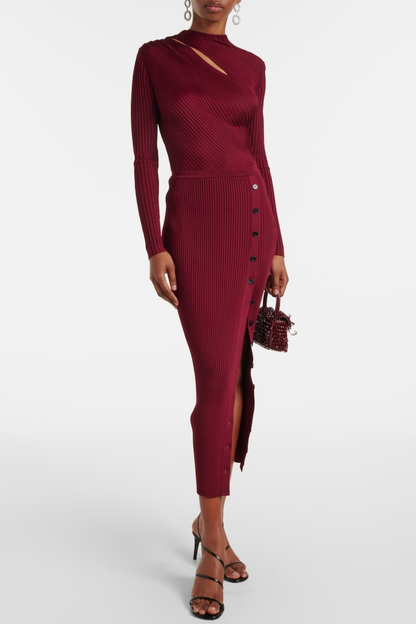 Kaisoy Cutout Ribbed Knit Midi Dress - Wine