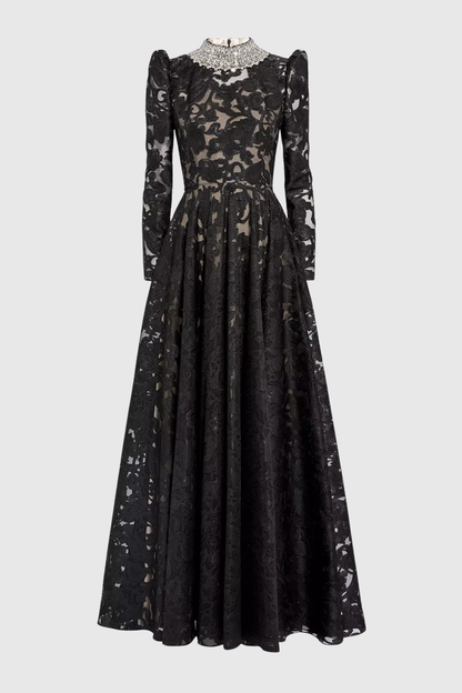 Kaize Crystal Embellished Floral Lace Maxi Dress