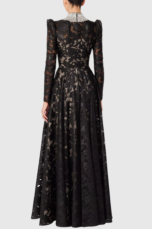 Kaize Crystal Embellished Floral Lace Maxi Dress
