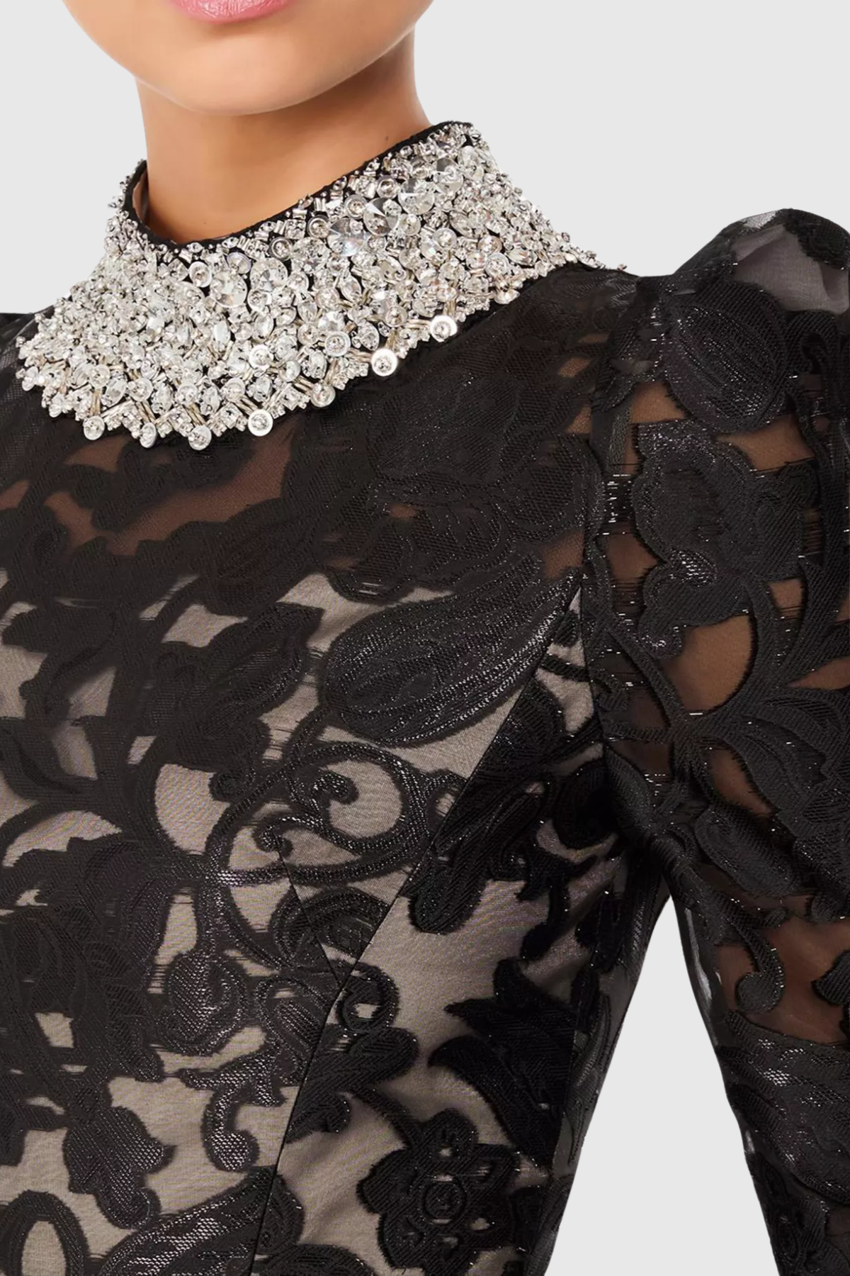 Kaize Crystal Embellished Floral Lace Maxi Dress