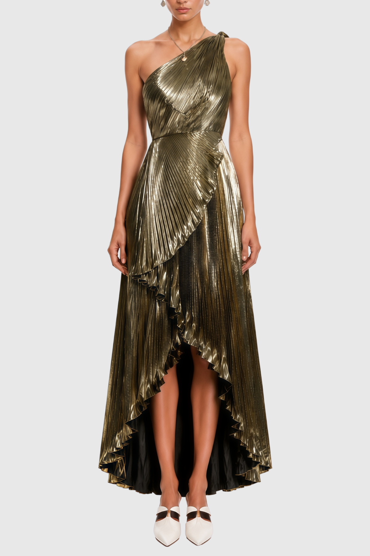 Kalam One Shoulder Metallic Pleated Maxi Dress