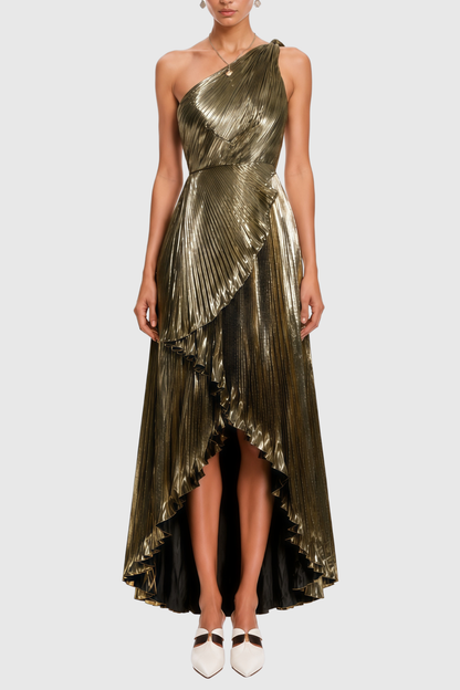 Kalam One Shoulder Metallic Pleated Maxi Dress