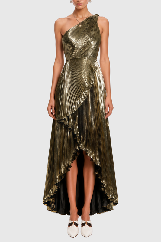 Kalam One Shoulder Metallic Pleated Maxi Dress