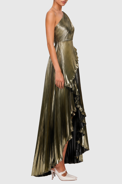 Kalam One Shoulder Metallic Pleated Maxi Dress