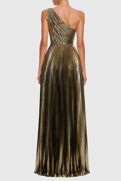Kalam One Shoulder Metallic Pleated Maxi Dress
