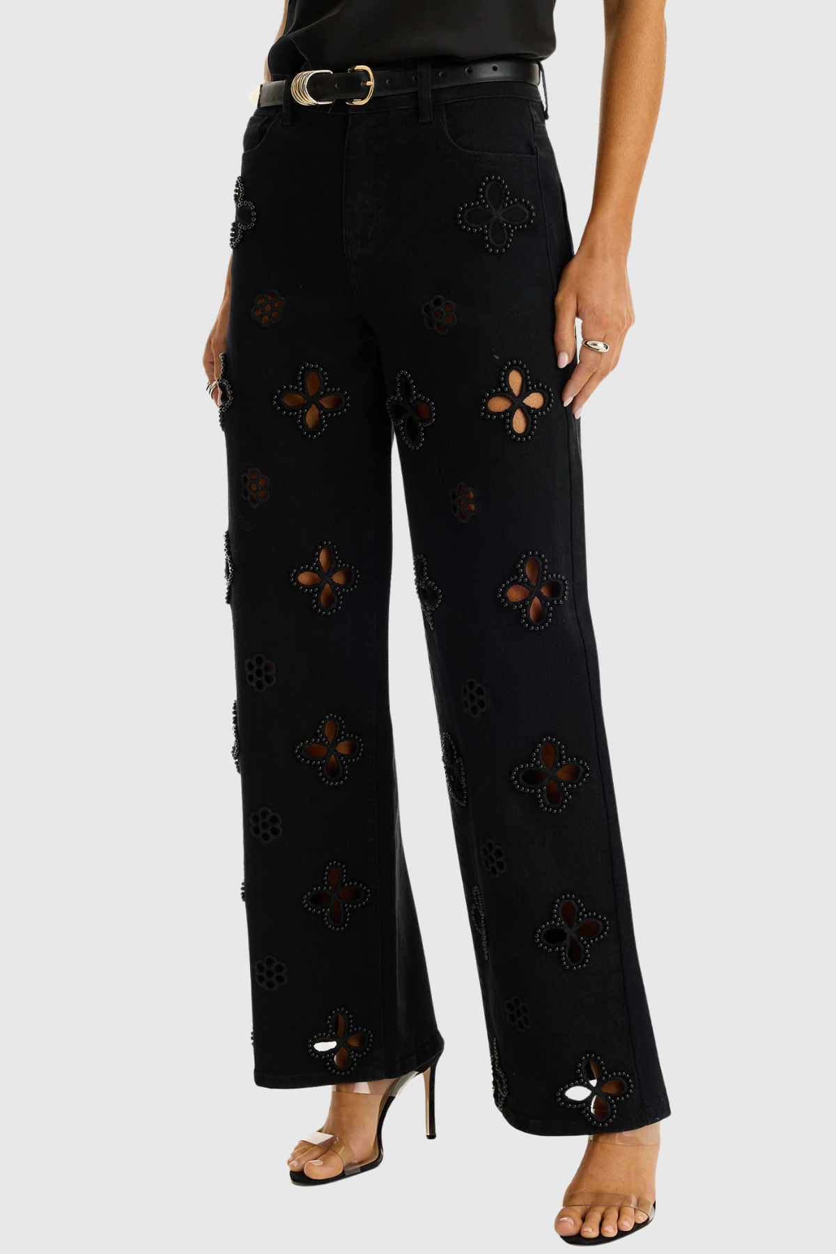 Kalliopa Floral Pearl Cutout Jeans - Black