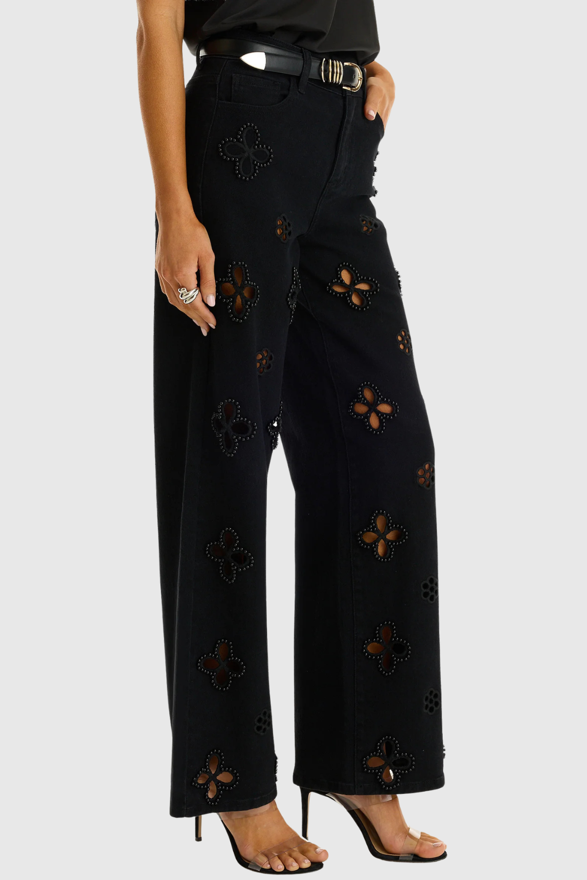 Kalliopa Floral Pearl Cutout Jeans - Black