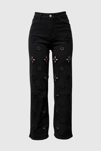 Kalliopa Floral Pearl Cutout Jeans - Black
