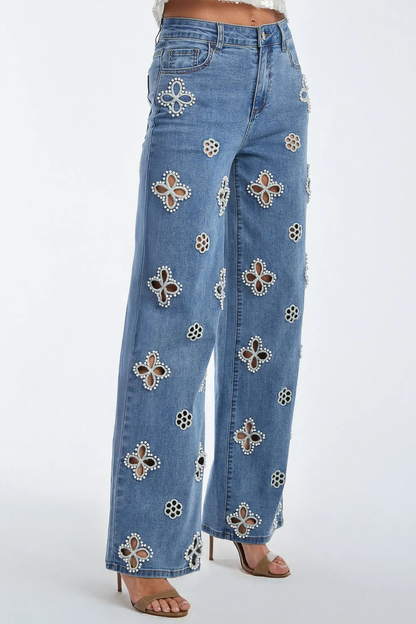 Kalliopa Floral Pearl Cutout Jeans - Blue
