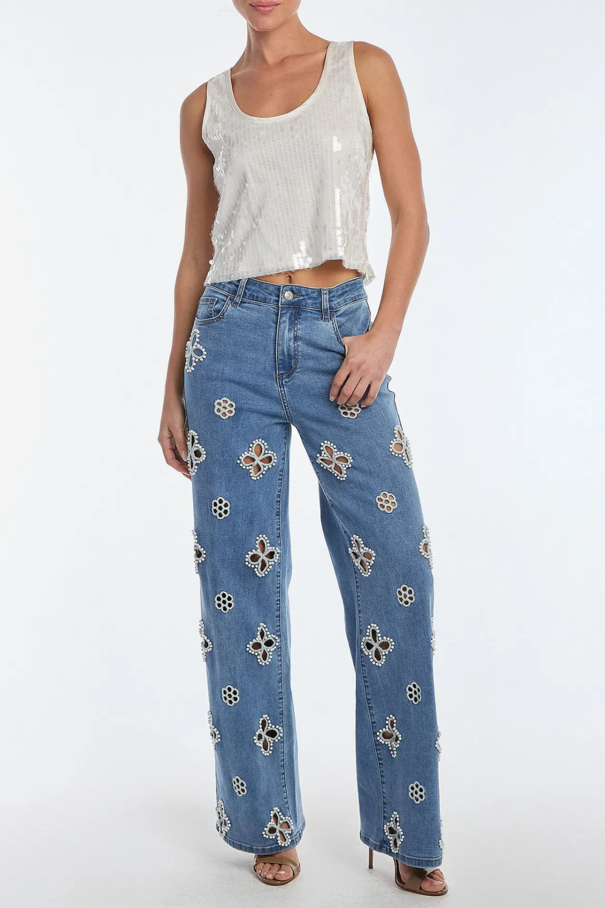 Kalliopa Floral Pearl Cutout Jeans - Blue