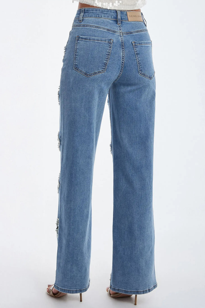Kalliopa Floral Pearl Cutout Jeans - Blue