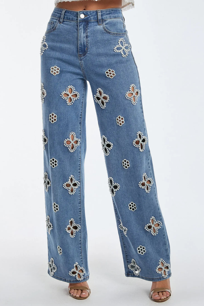 Kalliopa Floral Pearl Cutout Jeans - Blue