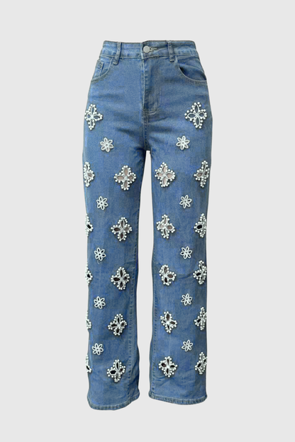 Kalliopa Floral Pearl Cutout Jeans - Blue