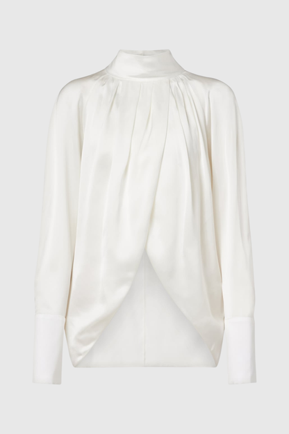 Kamdat Draped Satin Slit Blouse - White