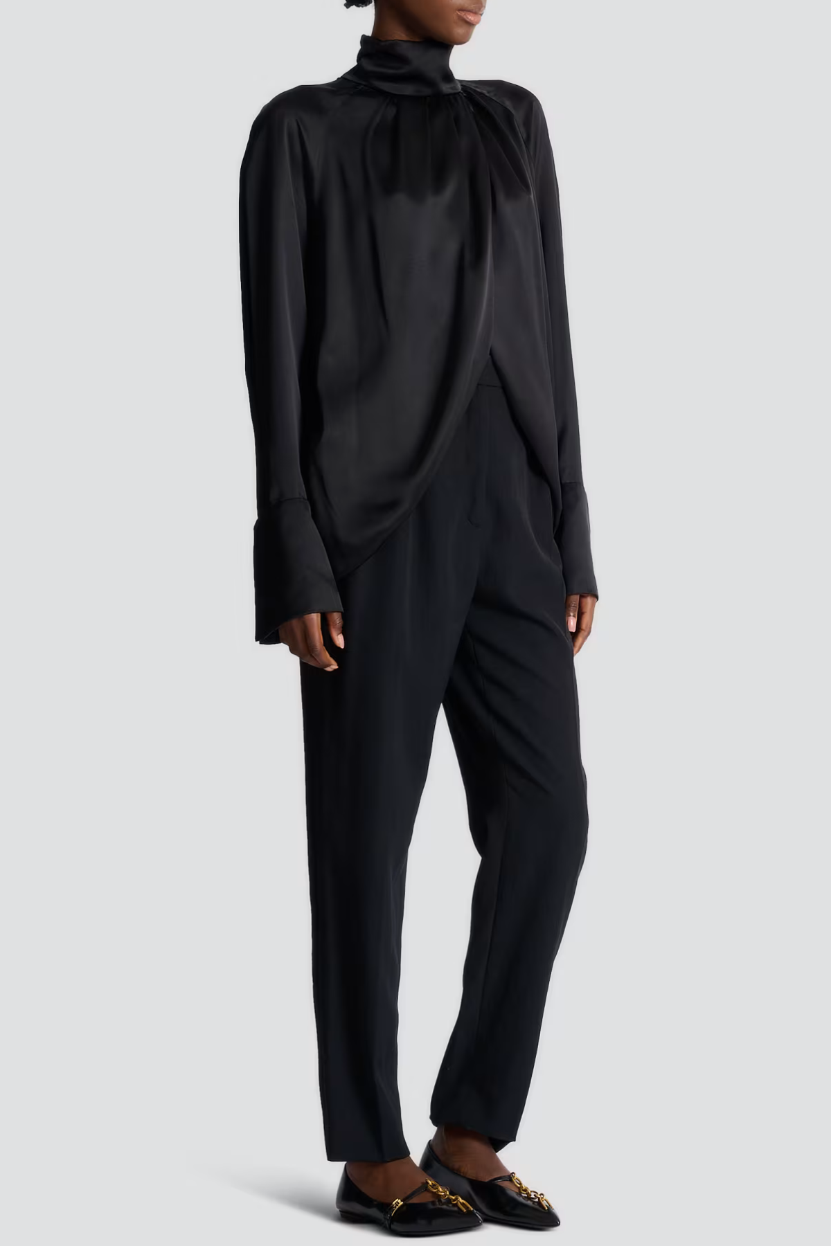 Kamdat Draped Satin Slit Blouse - Black