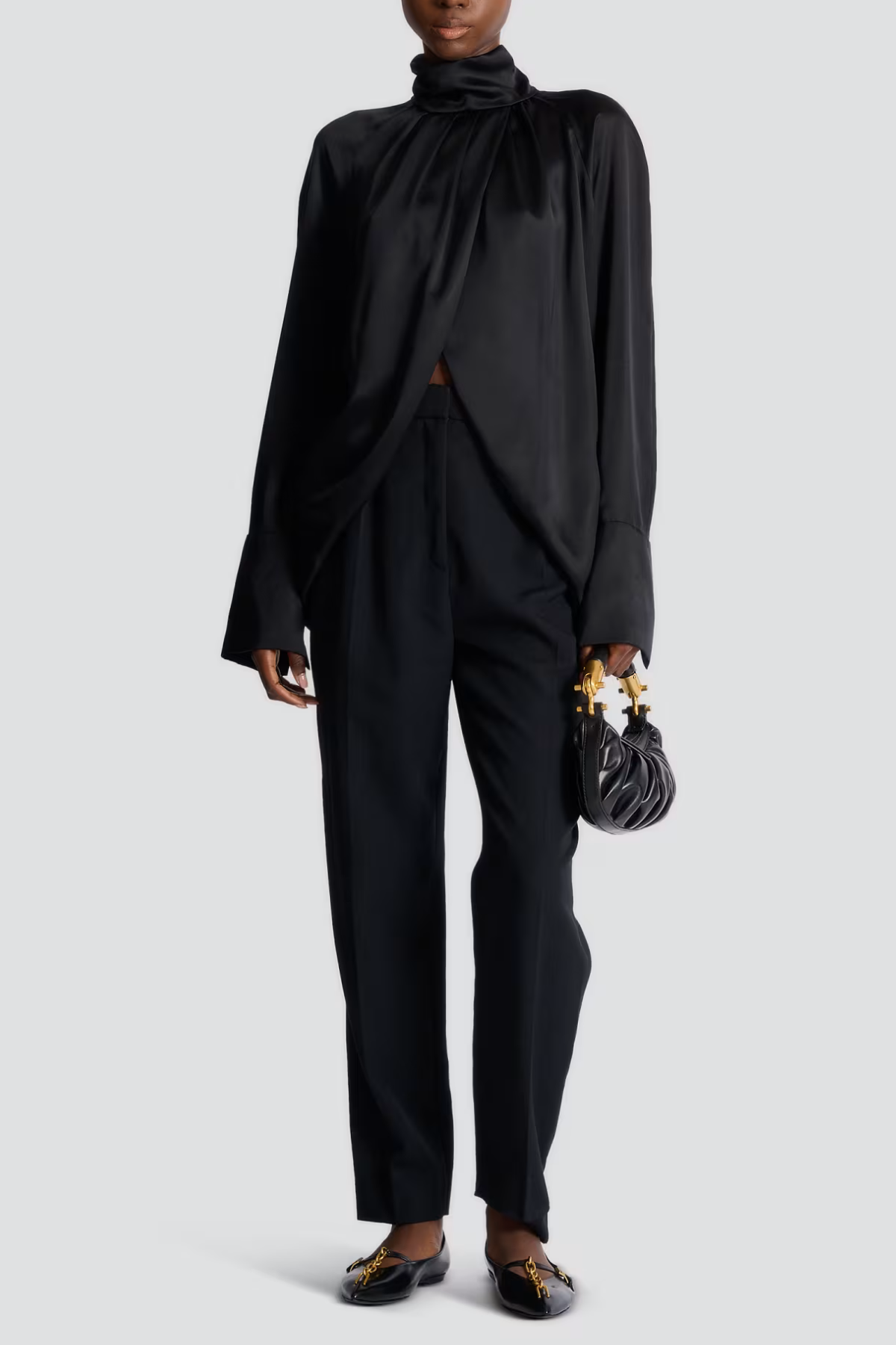 Kamdat Draped Satin Slit Blouse - Black
