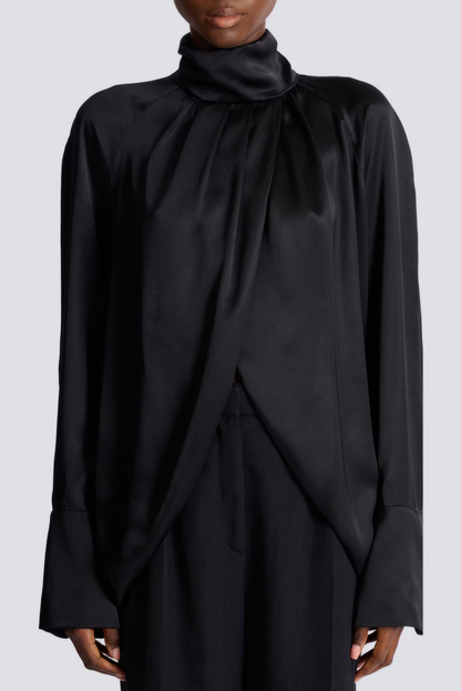 Kamdat Draped Satin Slit Blouse - Black