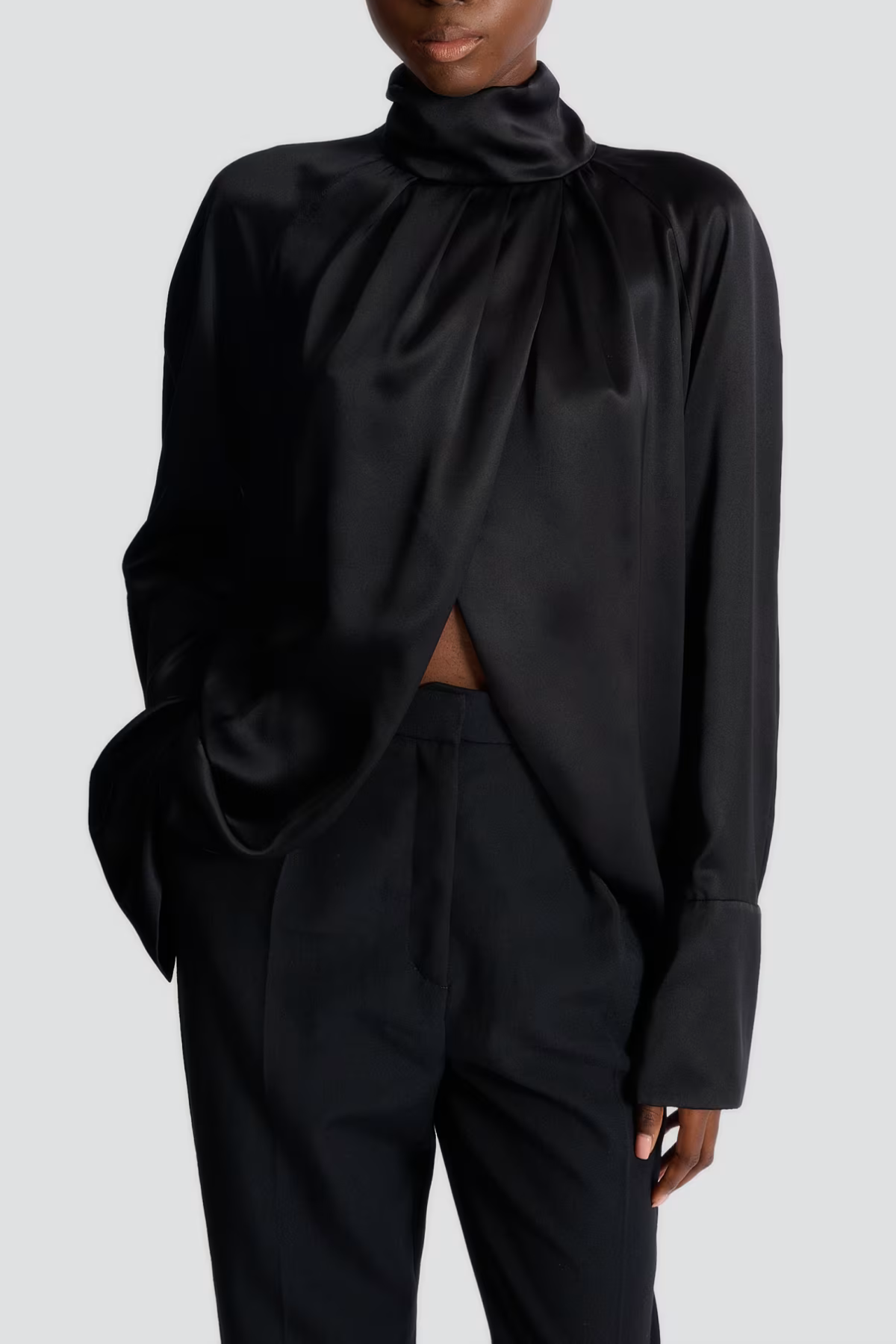Kamdat Draped Satin Slit Blouse - Black