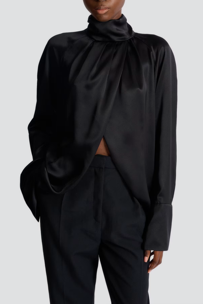 Kamdat Draped Satin Slit Blouse - Black