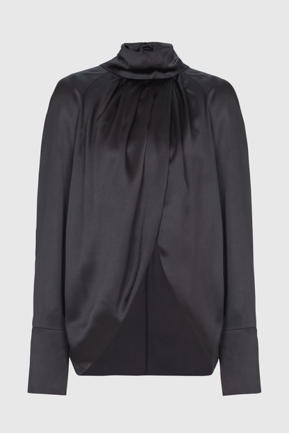 Kamdat Draped Satin Slit Blouse - Black