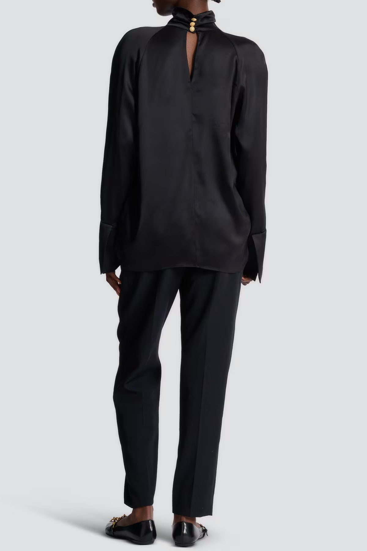 Kamdat Draped Satin Slit Blouse - Black