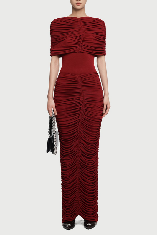 Kamyra Symmetrical Draped Shoulder Maxi Dress - Wine