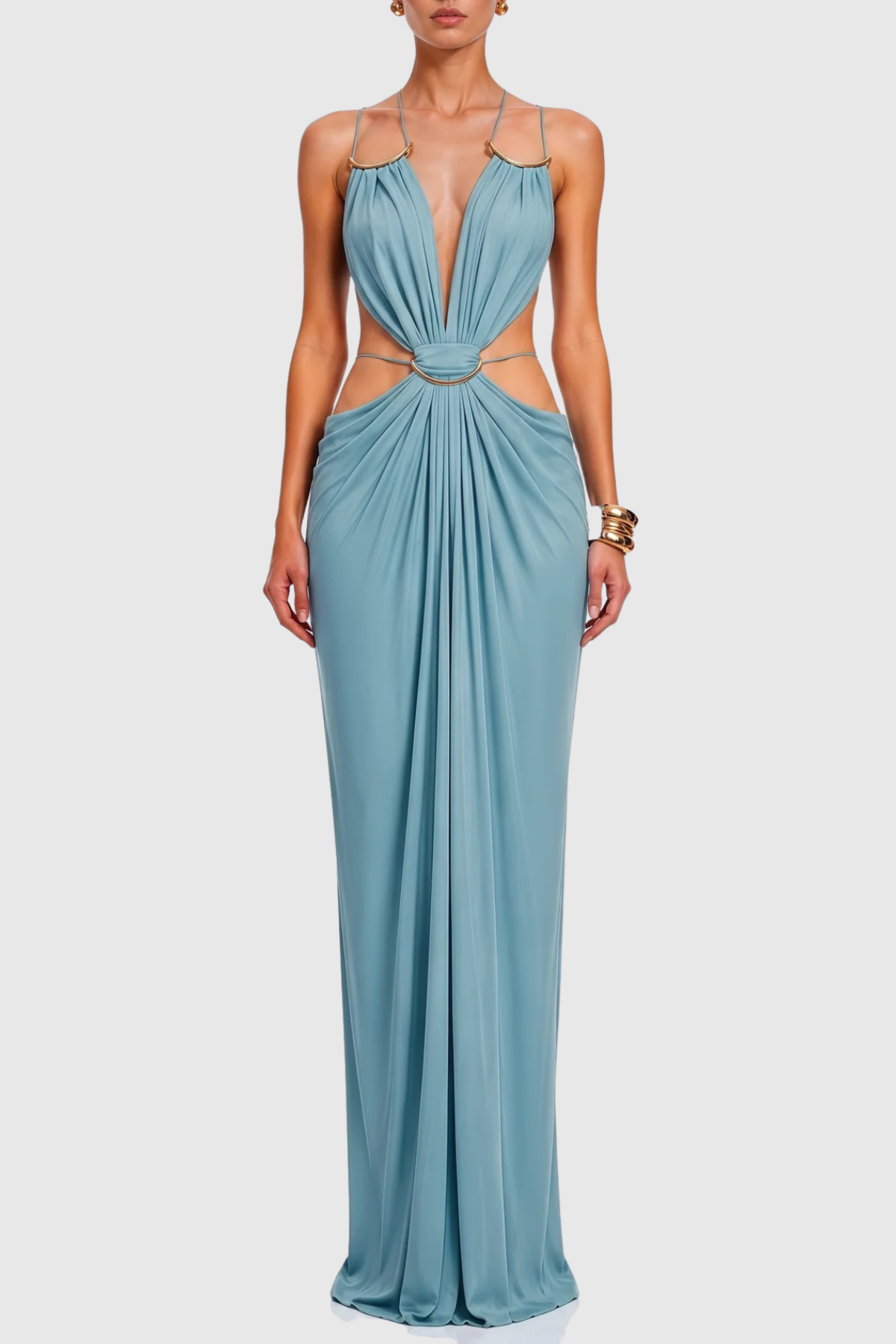 Kaori Cutout Backless Ruched Maxi Dress - Blue