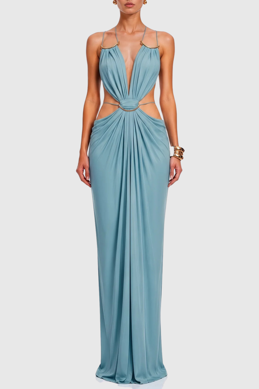 Kaori Cutout Backless Ruched Maxi Dress - Blue