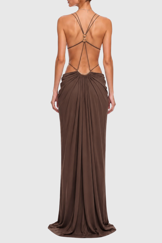 Kaori Cutout Backless Ruched Maxi Dress - Brown