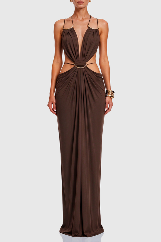 Kaori Cutout Backless Ruched Maxi Dress - Brown
