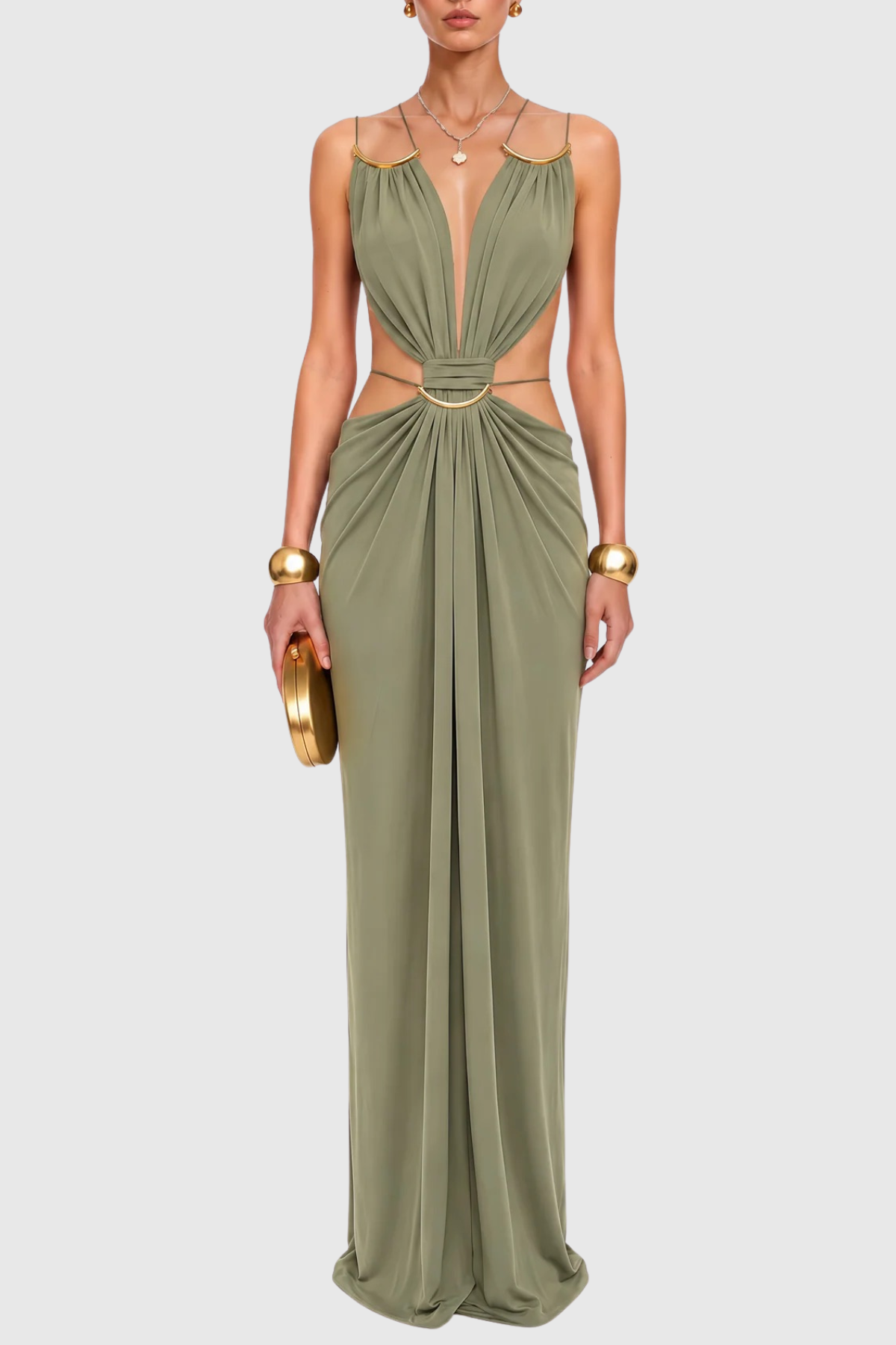 Kaori Cutout Backless Ruched Maxi Dress - Green