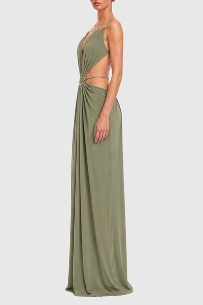 Kaori Cutout Backless Ruched Maxi Dress - Green