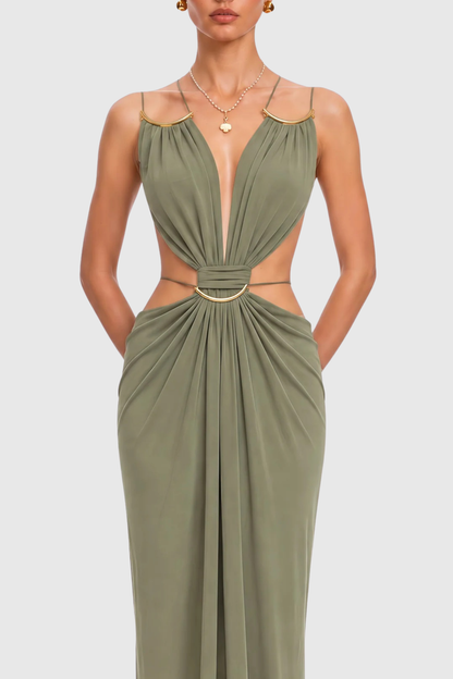 Kaori Cutout Backless Ruched Maxi Dress - Green
