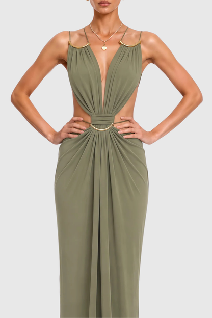 Kaori Cutout Backless Ruched Maxi Dress - Green